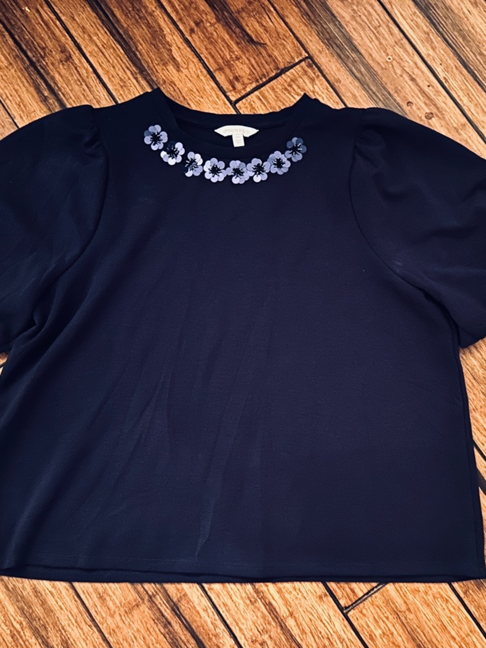 crown & ivy Navy Top with Light Blue Floral Neckline